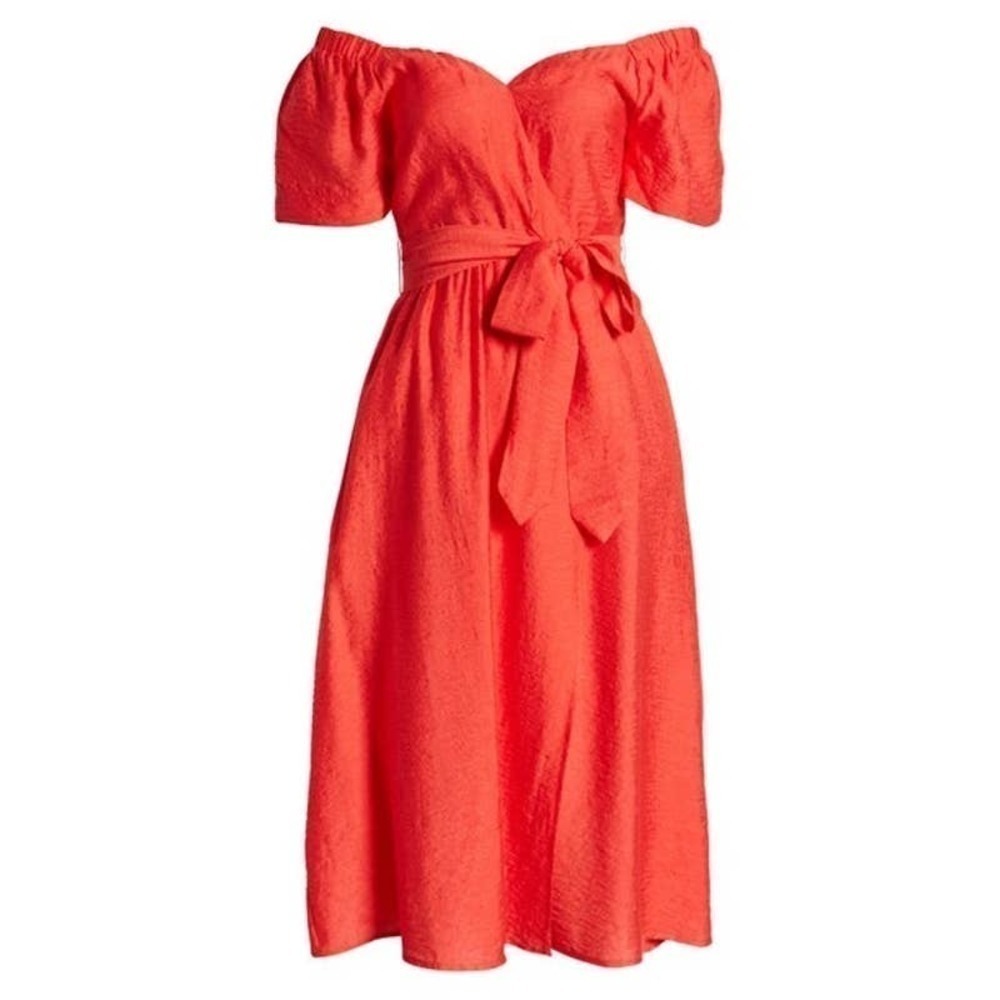 NWOT Vici Red Off Shoulder Embossed Print Faux Wrap Midi Dress • Size XS 🗣
